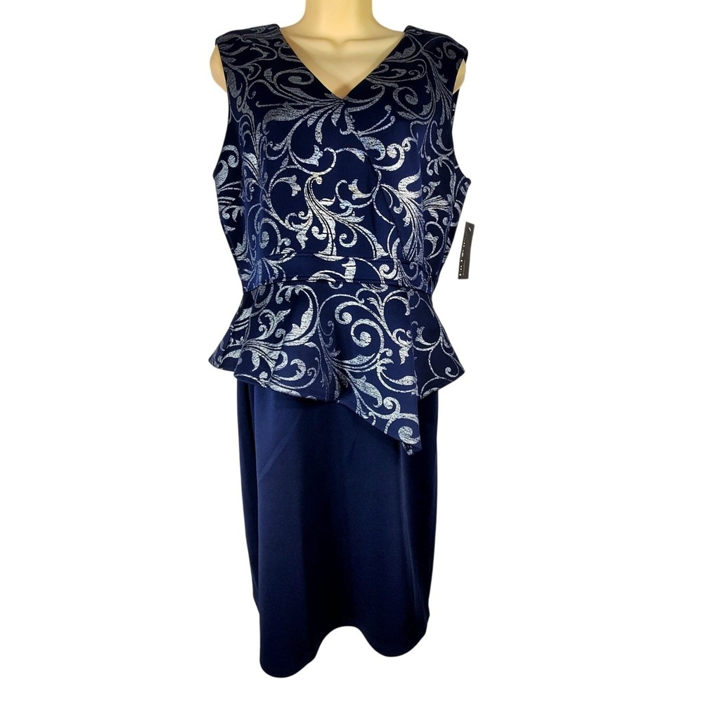 En Focus Studio Navy Blue Sleeveless Peplum Pencil Dress  Size 14 NWT - Picture 2 of 11